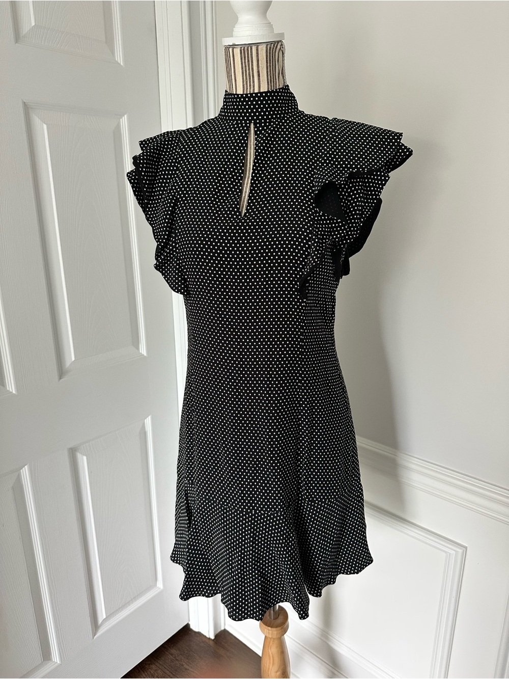 Karen Millen Polka Dot Ruffle Mini Dress US 8 Black White High Neck